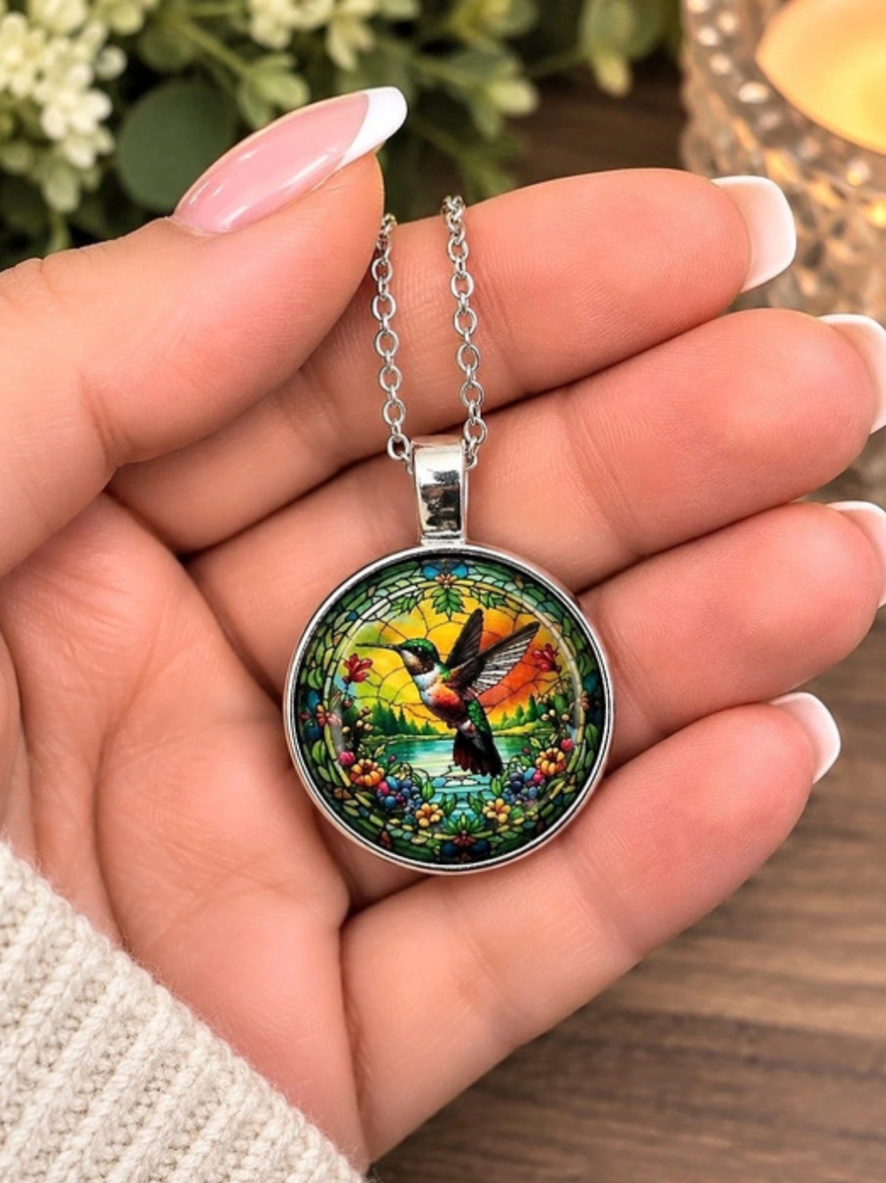 Hummingbird Pendant Necklace in Silver & Green